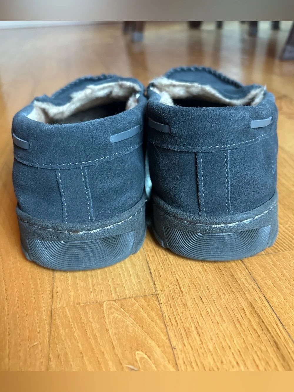 Eddie Bauer Mens Slippers Moccasins Dark Gray Suede Westhaven Faux Fur Sz XXL 13